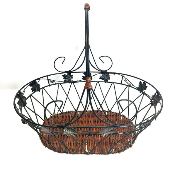 Black Metal & Brown Wicker Oval Basket With Handle & Leaf Design - Picture 3 of 8